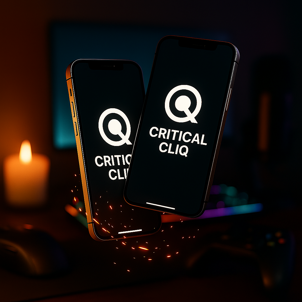 CriticalCLIQ mobile app displayed on two smartphones with atmospheric lighting and premium design